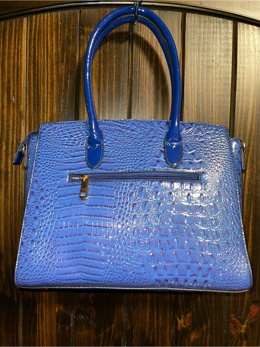 Blue Crocodile-Embossed Patent Tote Bag with Lock Accent - Picture 3 of 12
